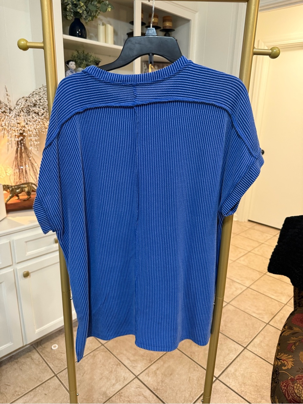 Blue Ribbed Oversized Short Sleeve Top Size XL - Picture 2 of 4